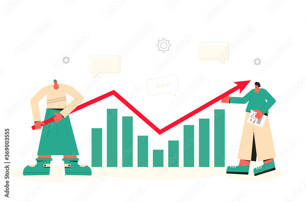 Fototapeta premium Investment analytics. Financial report concept. Business presentation preparation. Tiny people with huge graph and arrow. Vector flat illustration.