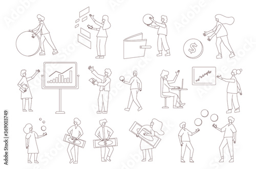 Financial set. Collection of people with money, business graphics isolated on white background. Profit, teamwork, savings, investment, exchange, young businessmen. Line art vector illustration.