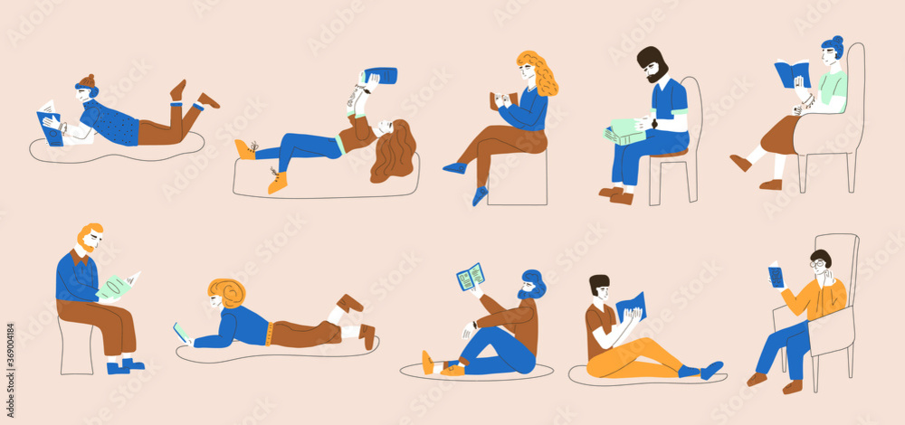 Characters reading a book. Set of people Vector hand drawn illustration. 