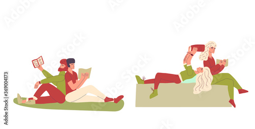 Two pairs of characters reading a book. Men and women hand drawn illustration. 
