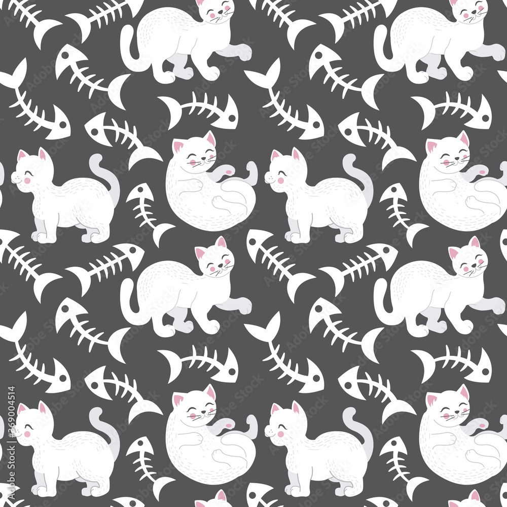 Cute seamless pattern with funny, white cat and fish bones, Great for baby and kids design. Vector illustration