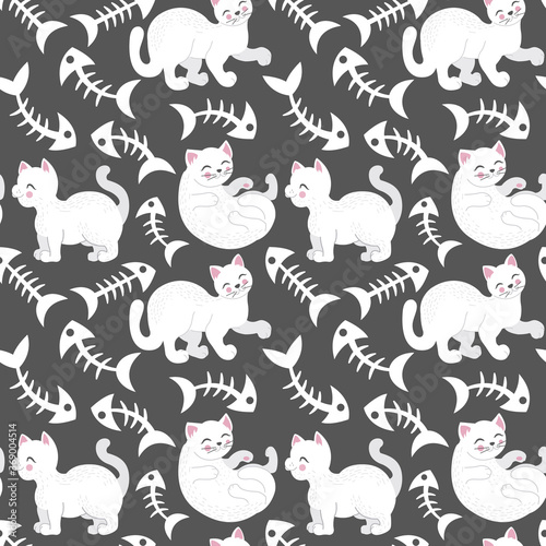 Cute seamless pattern with funny, white cat and fish bones, Great for baby and kids design. Vector illustration