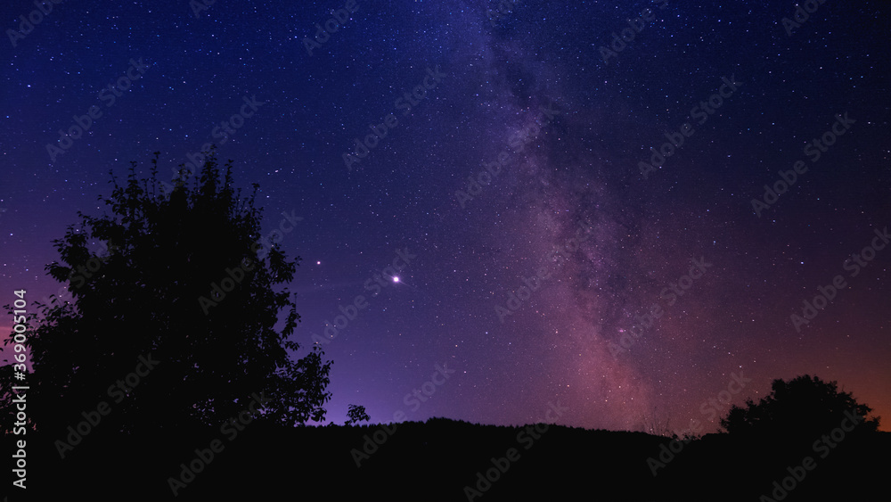 Space background. A hill with a tree against the backdrop of a milky way of millions of stars.