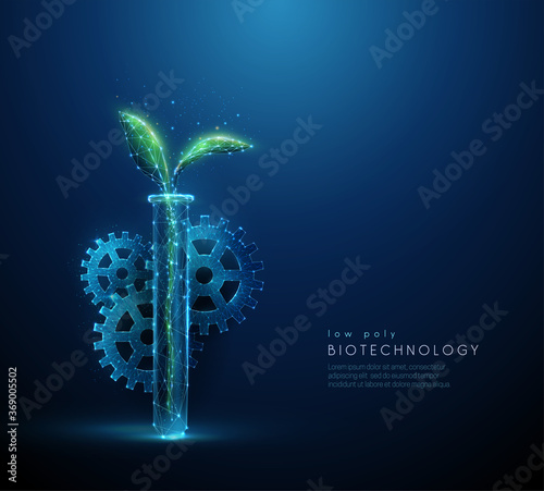Low poly green plant sprout, tube, cogwheel