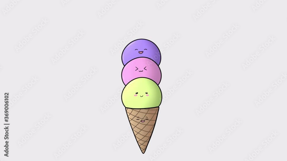 2d animation of funny cartoon ice cream cone sad, smiling and jumping. 
Ice cream balls falling into the cone