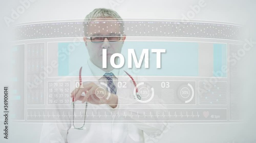 Medical doctor scrolls to IoMT or Internet of Medical Things tab on a touchscreen display photo