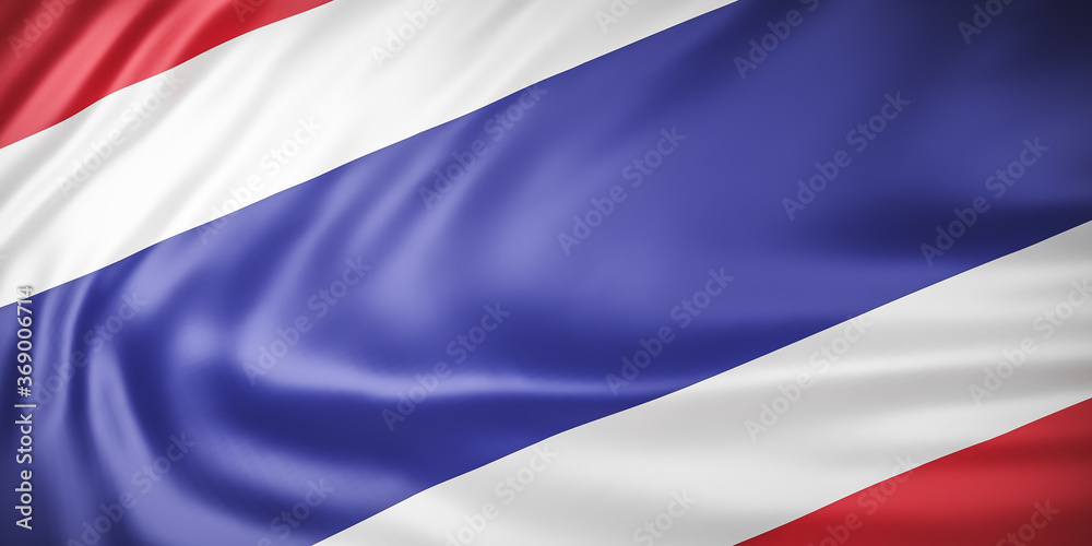 Naklejka premium Beautiful Thailand Flag Wave Close Up on banner background with copy space.,3d model and illustration.