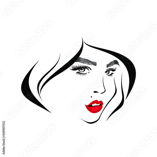 Beauty logo, beautiful woman face, sexy red lips, eyelash extensions, fashion woman, curly hairstyle, hair salon sign, icon. Wallpaper background. Vector illustration.