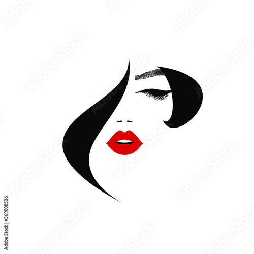 Beauty logo, beautiful woman face, sexy red lips, eyelash extensions, fashion woman, curly hairstyle, hair salon sign, icon. Wallpaper background. Vector illustration.