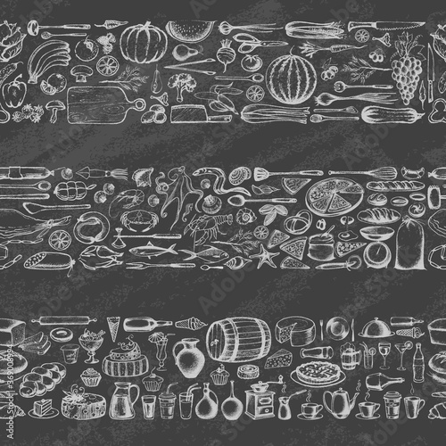 Retro vintage style food design on the blackboard. Hand drawn elements for cooking, vegetables, restaurant and vegetarian food. Seamless background. Vector illustration.