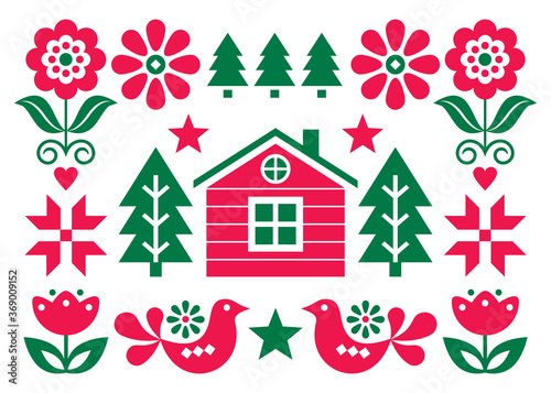 Christmas Scandinavian folk art vector greeting card design in red and green in 5x7 format with Christmas trees, birds, flowers and Finnish house
