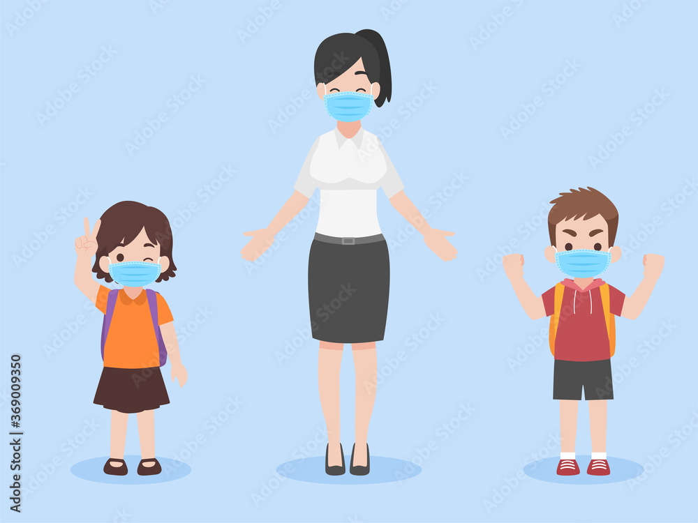 Children and teacher in new normal life wearing a face mask for prevent coronavirus, Back to school concept.
