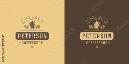 Coffee shop logo template vector illustration with grinder silhouette good for cafe badge design and menu decoration