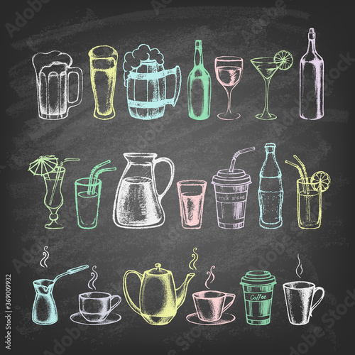  Set of different hand drawn beverages on the blackboard. Vector illustration. 