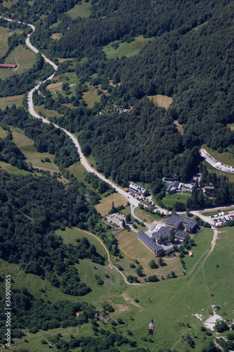 Aerial view of a parking lot in the countryside