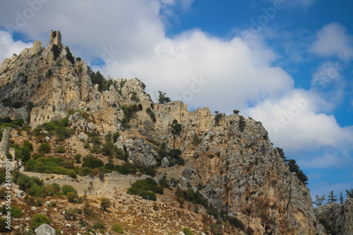 View from the bottom of the mountain on which stands the castle of St. Hilarion. Cyprus.
