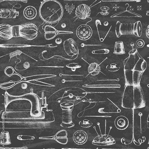 Set of needlework - scissors, measuring tape, mannequin, sewing and more on the blackboard. Retro vintage style. Seamless pattern. Vector illustration