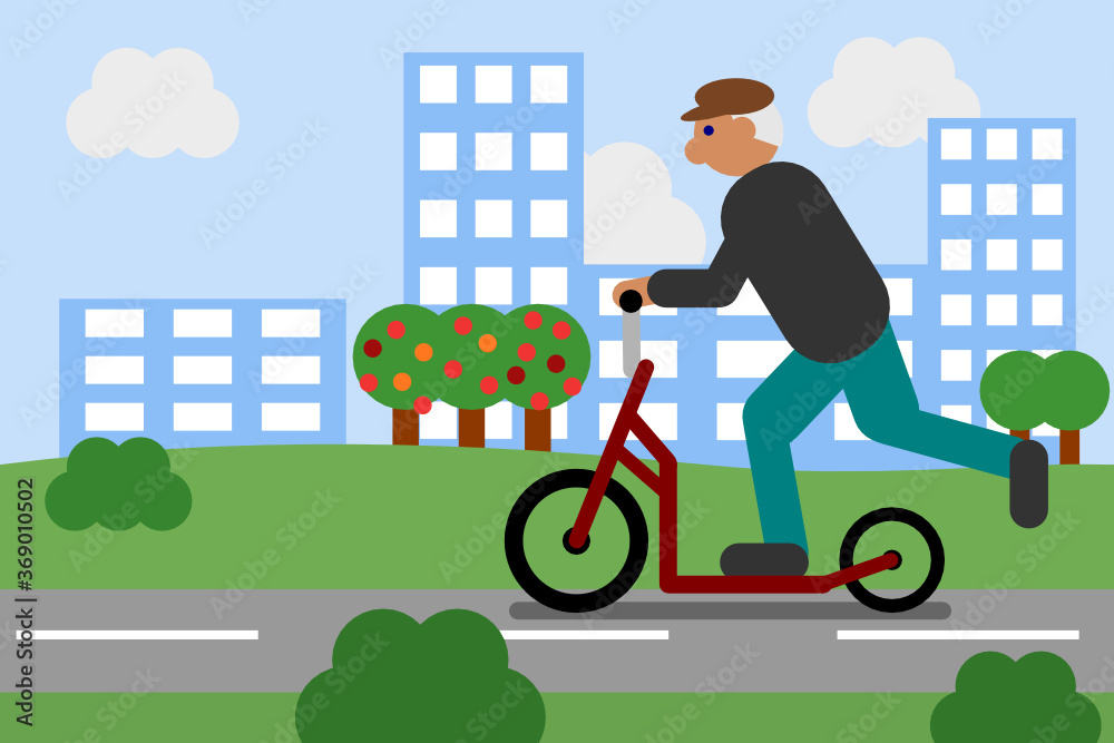 Vector illustration of an active senior on a scooter improving his health condition