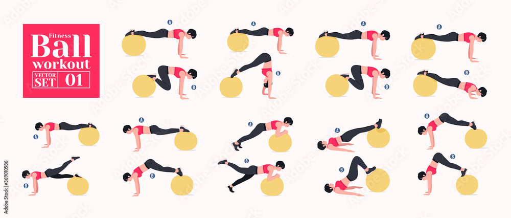 Swiss ball/ Fitness Ball workout set. Young woman doing Stability ball exercises. Vector illustration.