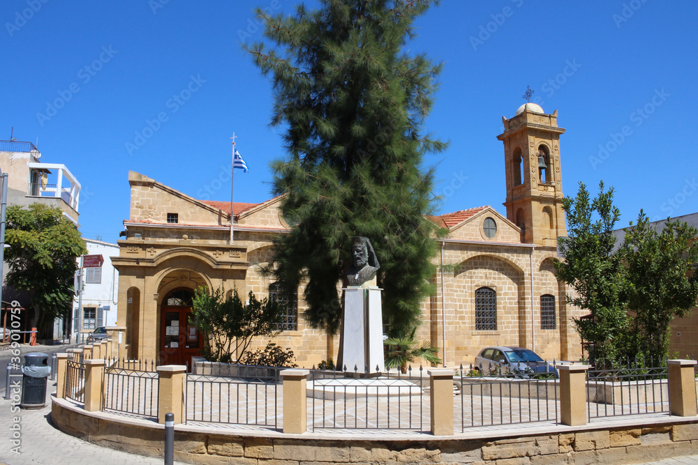 Church of Saint Savva and bust Of Archbishop Makarios III, the first President of the Republic of Cyprus.