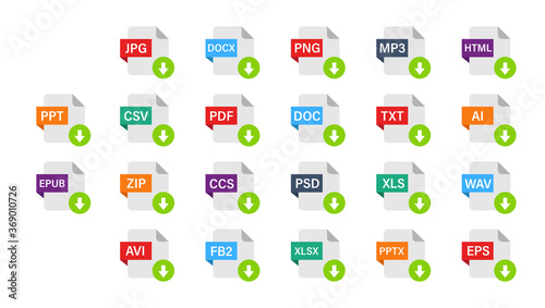 Set of different file formats. File extensions icons. Download buttons for web site or app. Data. Vector set.