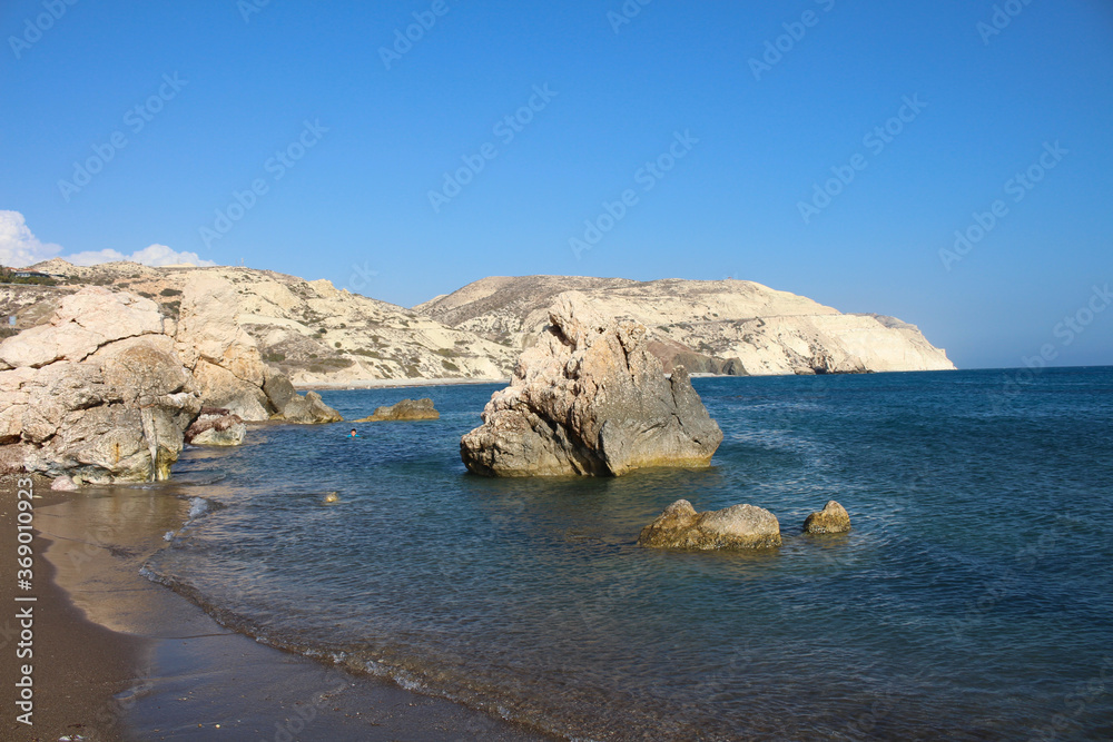 Aphrodite beach, where according to legend she came out of the sea foam. A big rock in the sea. Cyprus.