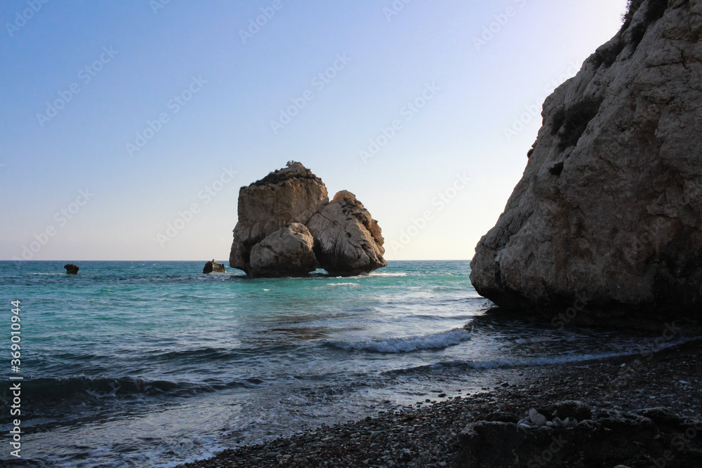 Aphrodite beach and Aphrodite Stone-a legendary rock in the middle of the sea. Cyprus.