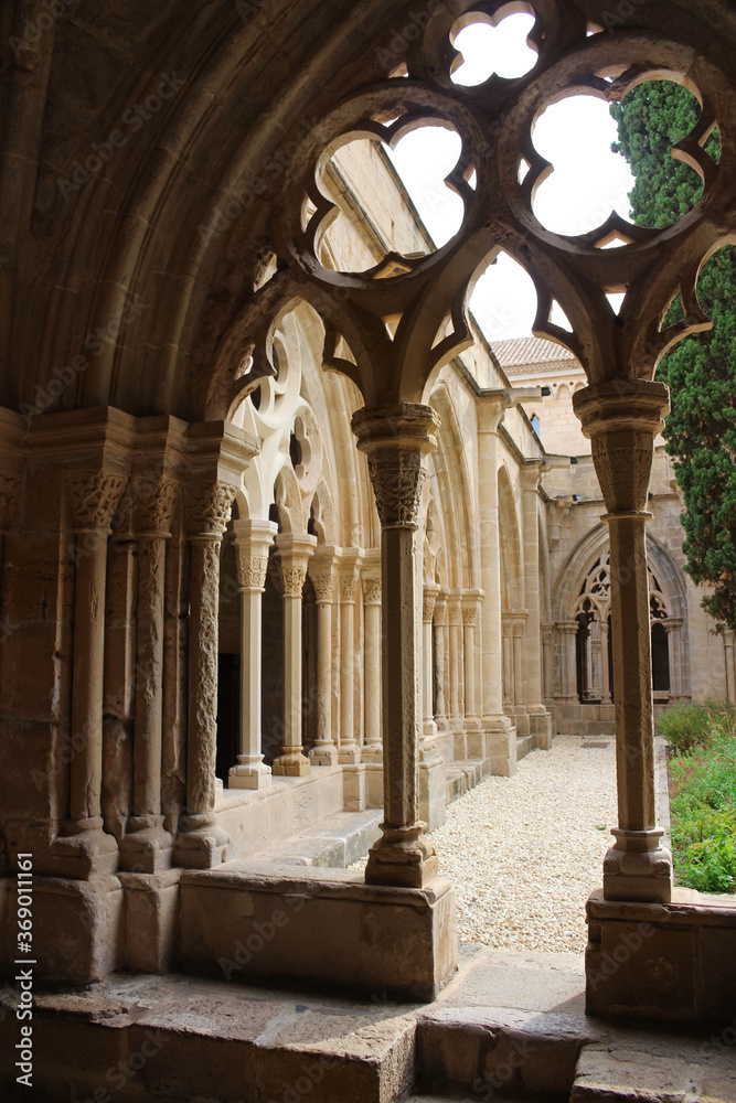 .Inside view of the beautiful arches of the Monastery of Poblet (cat. Reial Monestir de Santa Maria de Poblet) - Cistercian monastery. Spain.