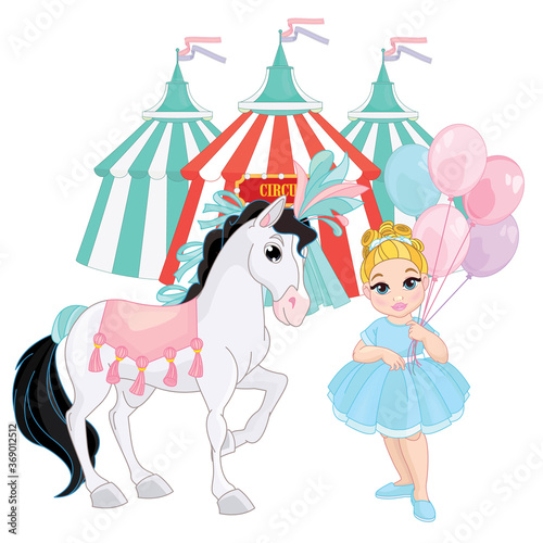 Circus Cartoon Characters Set. Cute girl and Circus performer horse