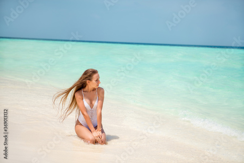 Portrait of her she nice-looking attractive gorgeous slim fit long-haired girl model spending weekend calm peaceful place paradise Bali Goa posing advert background promo tour tourism