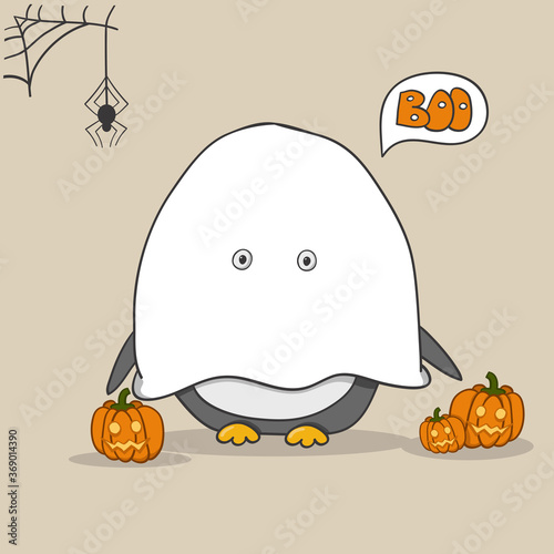 Penguin wearing in a ghost costume with carved pumpkins. Happy Halloween card.