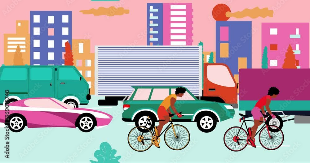 African American cyclists are riding bicycle on road with traffic jam in the city. Cartoon animation, flat design, loop 4k African American cyclists are riding bicycle on road with traffic jam in the city. Cartoon animation, flat design, loop 4k