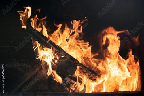 Burning firewoods close up background.