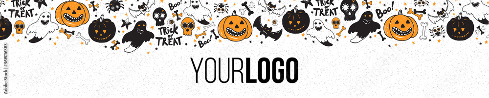 Halloween long horizontal banner for top of web site. Frame for party poster, flyer, card design with typography. Funny vintage concept with hand drawn illustration.
