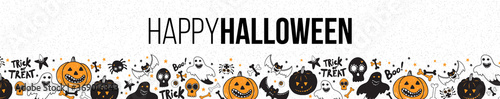 Halloween party long horizontal web banner design with typography. Funny vintage concept with hand drawn illustration.