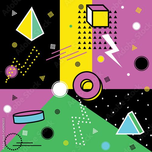 Vector vibrant pattern with 3d geometric shapes. Bright abstract design. Retro memphis style, fashion 80 - 90s