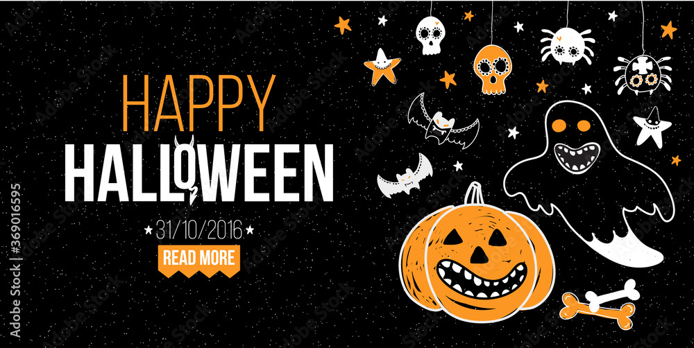Halloween party poster, flyer, web banner design with typography. Funny vintage concept with hand drawn illustration.