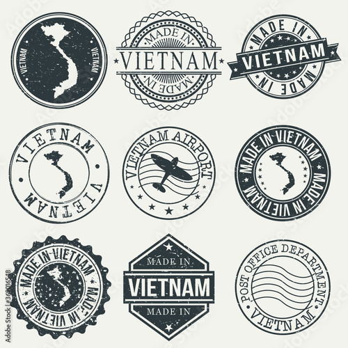 Vietnam Set of Stamps. Travel Stamp. Made In Product. Design Seals Old Style Insignia.