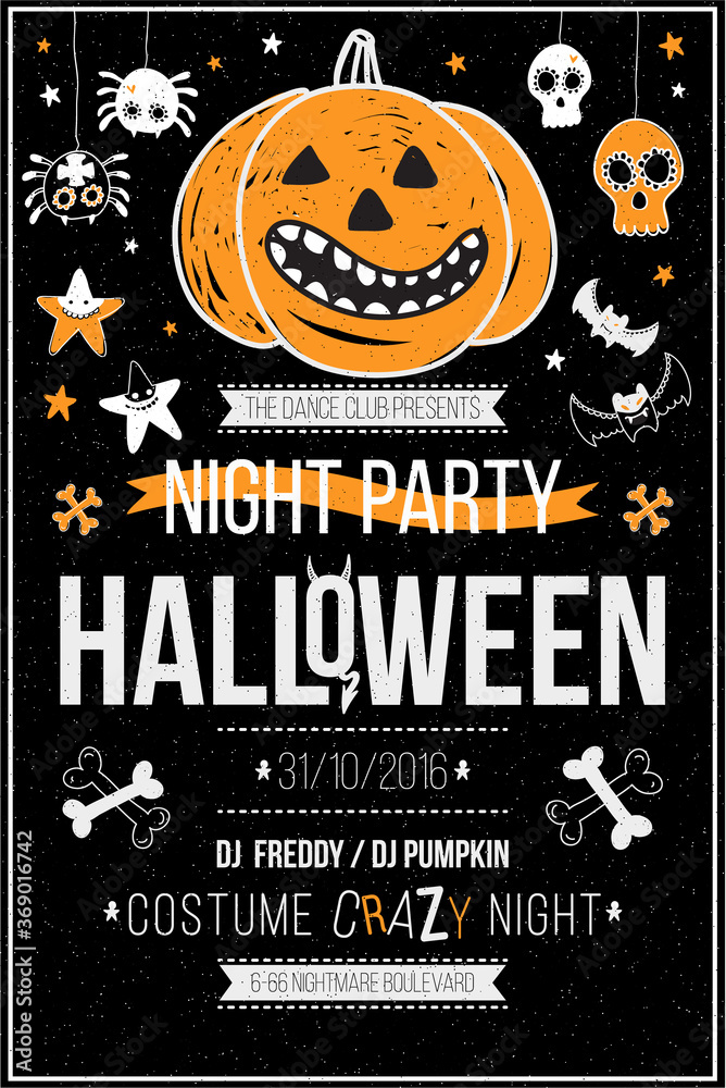 Halloween party poster, flyer, web banner design with typography. Funny vintage concept with hand drawn pumpkin illustration.