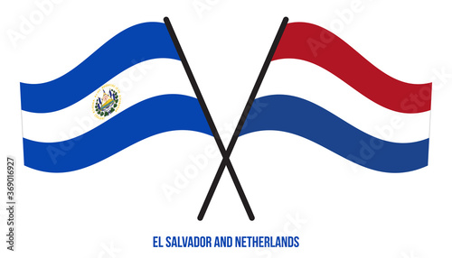 El Salvador and Netherlands Flags Crossed And Waving Flat Style. Official Proportion. Correct Colors