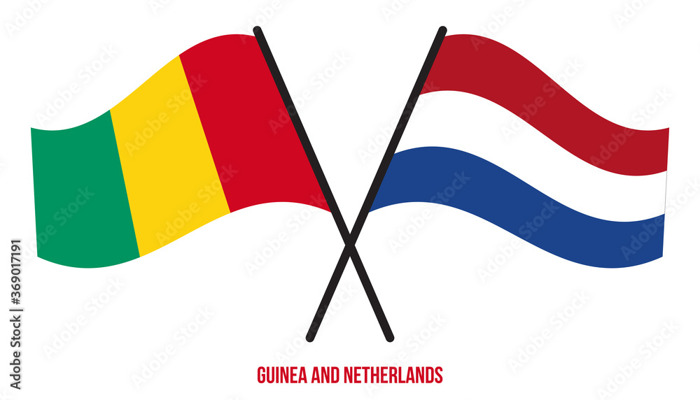 Guinea and Netherlands Flags Crossed And Waving Flat Style. Official Proportion. Correct Colors. Guinea and Netherlands Flags Crossed And Waving Flat Style. Official Proportion. Correct Colors.