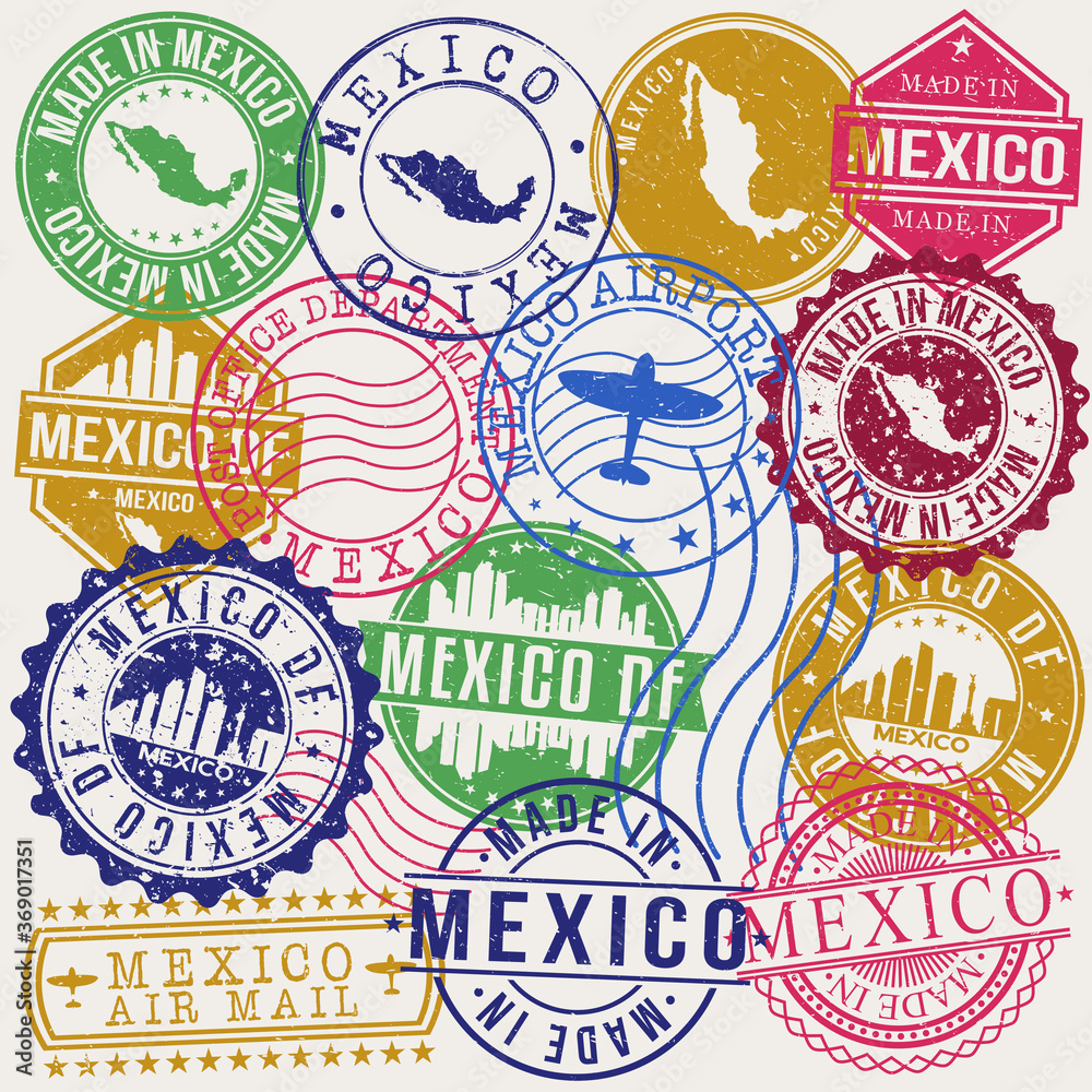 Mexico DF Set of Stamps. Travel Stamp. Made In Product. Design Seals Old Style Insignia.