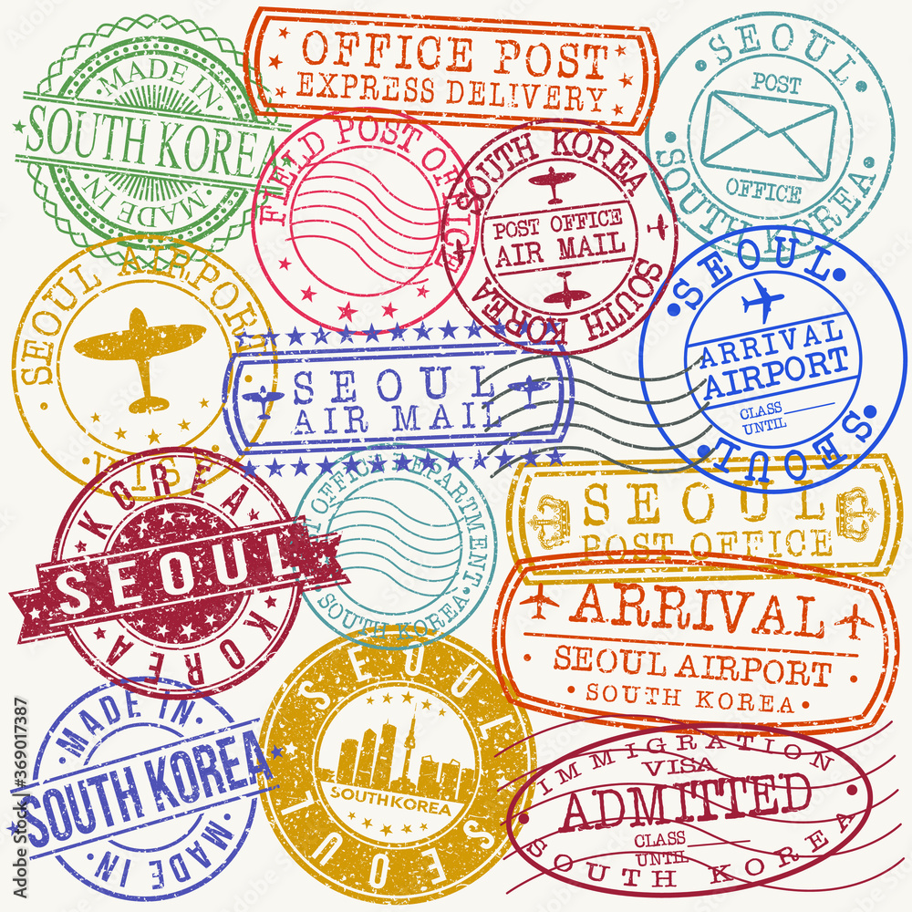 Fototapeta premium Seoul South Korea Stamp Vector Art Postal Passport Design badge Rubber Set.