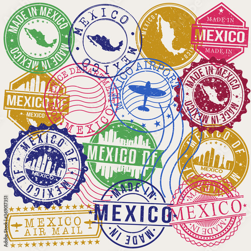 Mexico DF Set of Stamps. Travel Stamp. Made In Product. Design Seals Old Style Insignia.