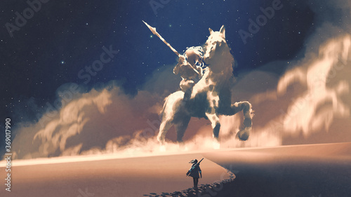 a woman walking on a desert to the giant horseman-shaped storm, digital art style, illustration painting photo