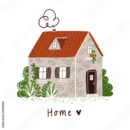Little stone bricks country house with plants and red roof, vector illustration
