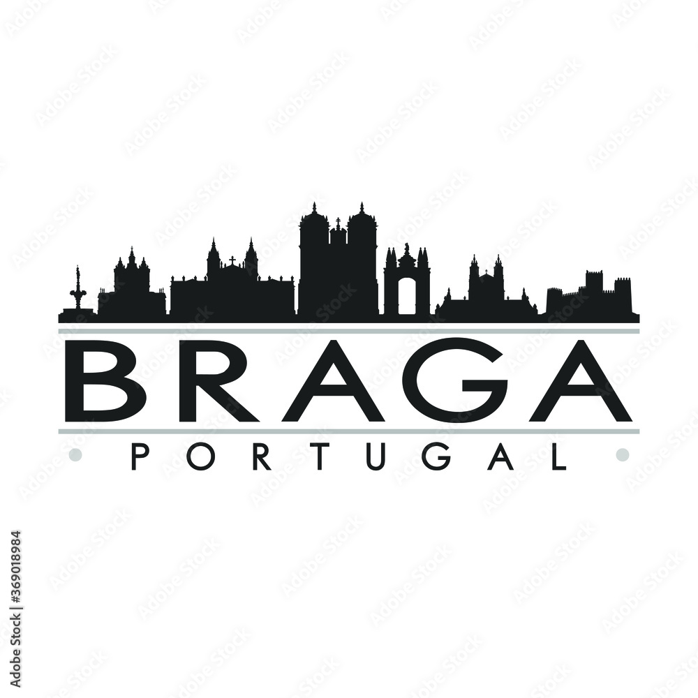 Braga Portugal Skyline Silhouette City. Cityscape Design Vector. Famous Monuments Tourism.