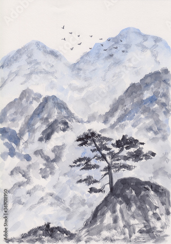 Watercolor painting with blue oriental mountains layers with pine trees. Hand drawn calm mountain sketch illustration in Chinese Ink style. Peaceful & serene abstract vertical artwork on paper. © Sergey Pekar