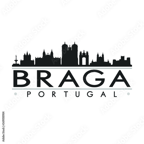 Braga Portugal Skyline Silhouette City. Cityscape Design Vector. Famous Monuments Tourism.