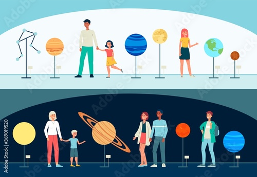 Vector banners with people visiting the planetarium.